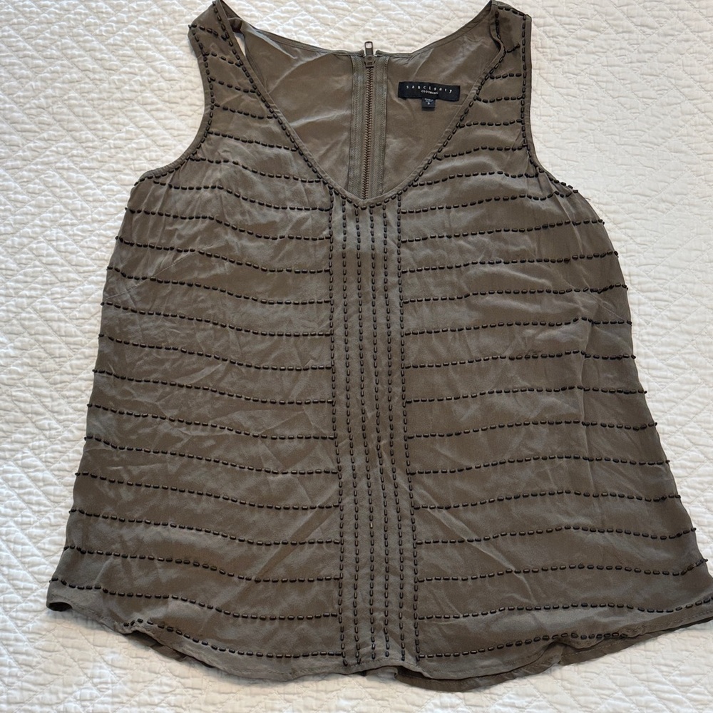 Sanctuary Olive Beaded V-Neck Silk Sleeveless Tank